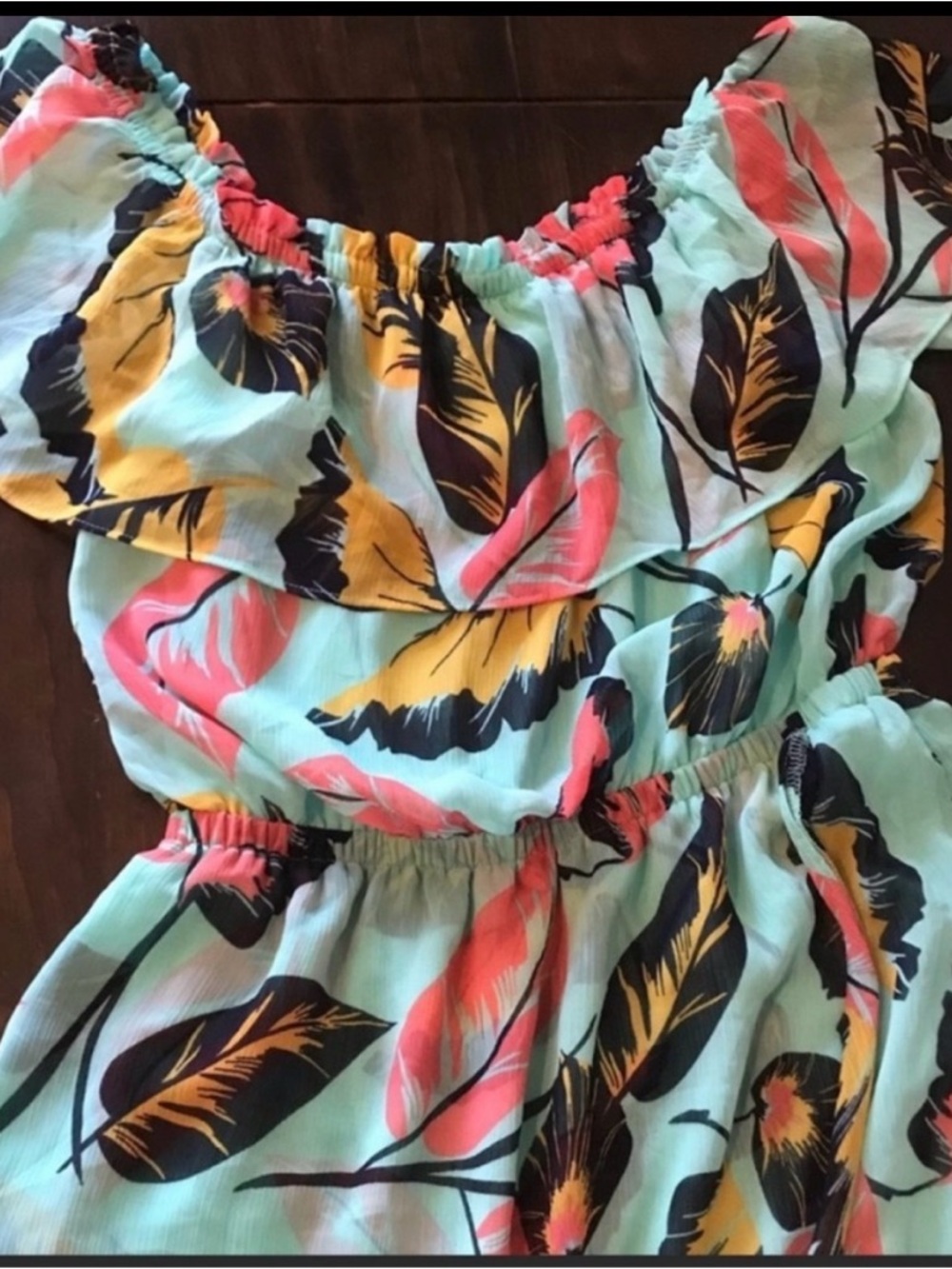 Off-Shoulder Feather Print Dress in Aqua, Coral & Mustard